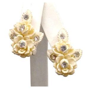 Vintage Carved Celluloid Roses Earrings with Crystal Embellishment, White Weddin